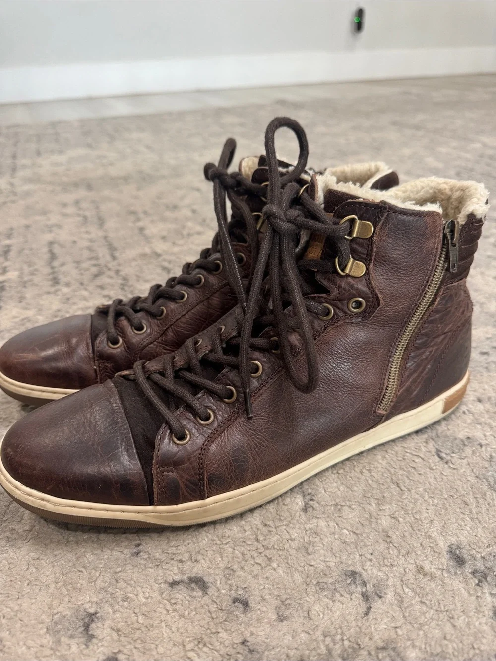 Men's Brown Leather High-Top Sneakers with Sherpa Collar